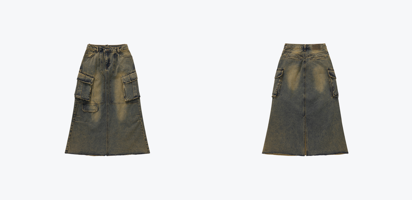 Distressed Denim Full Skirt Dirty Blue【L24-47DB】