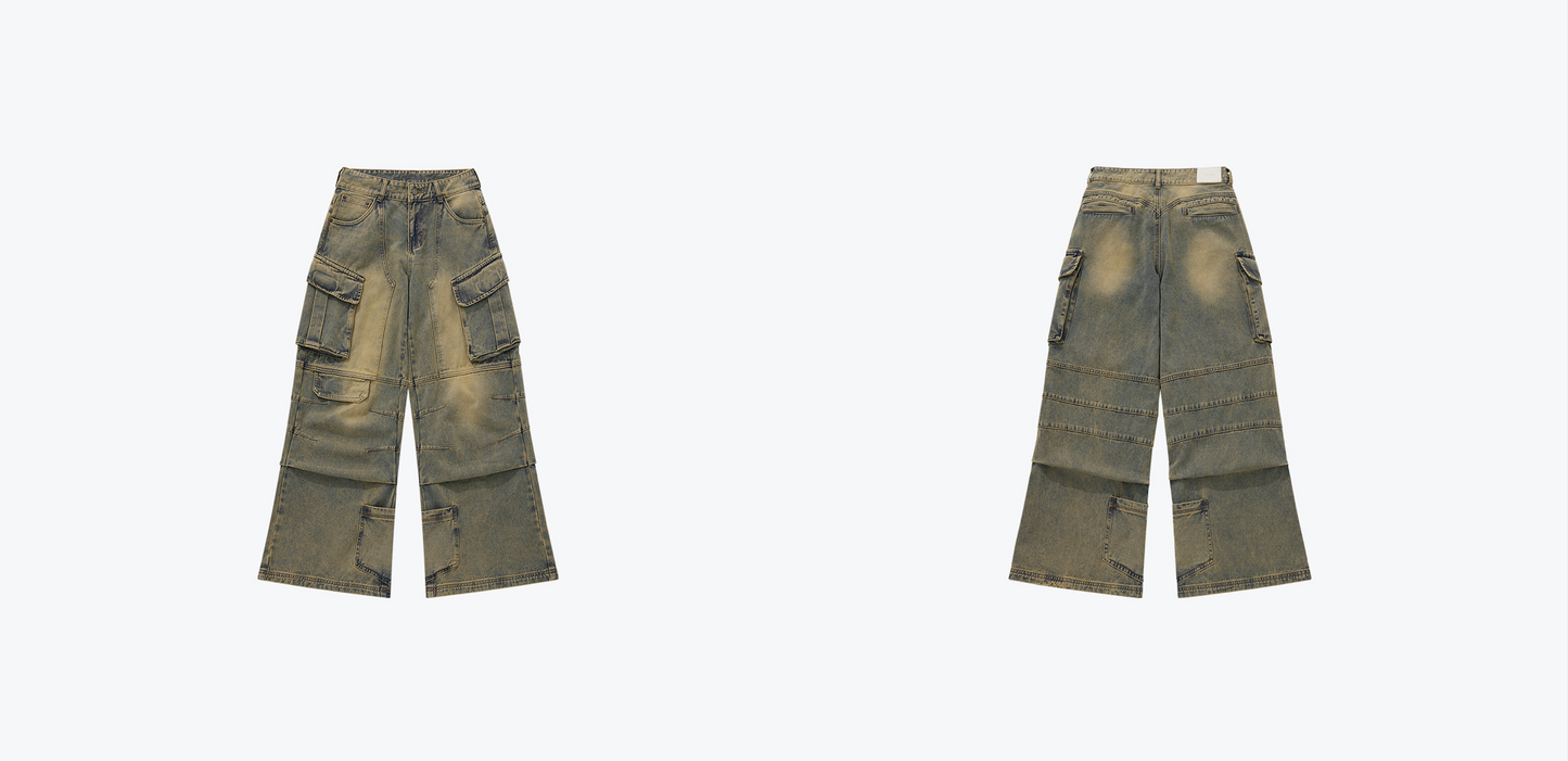 Distressed Denim Flared Cargo Pants Dirty Blue【L24-40DB】