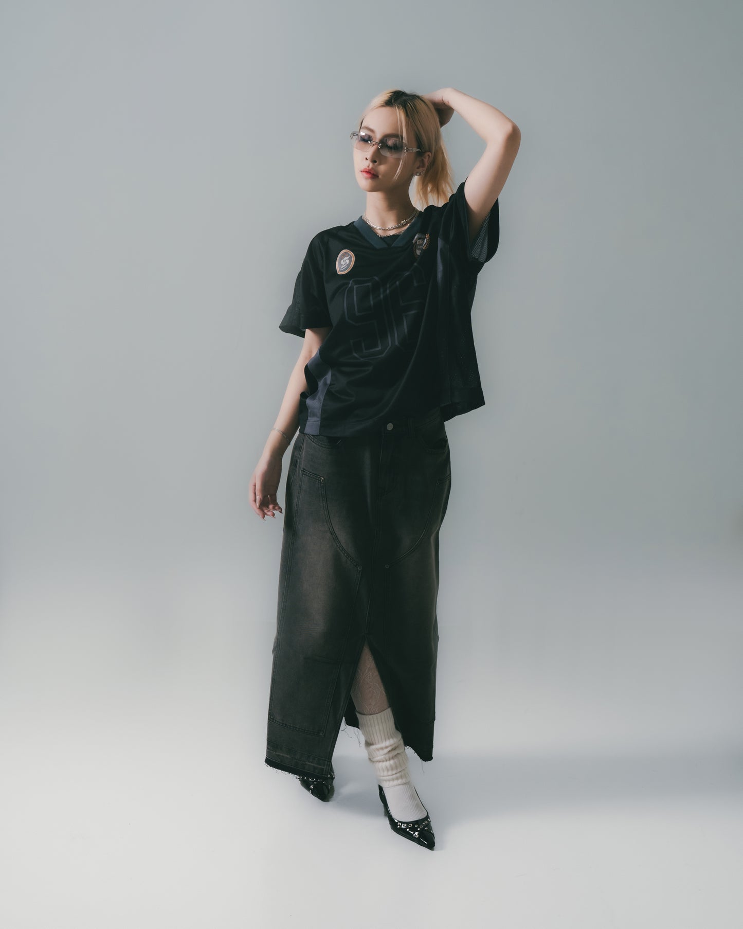 Football Mesh Oversize T-Shirts Black【L25-T01BK】