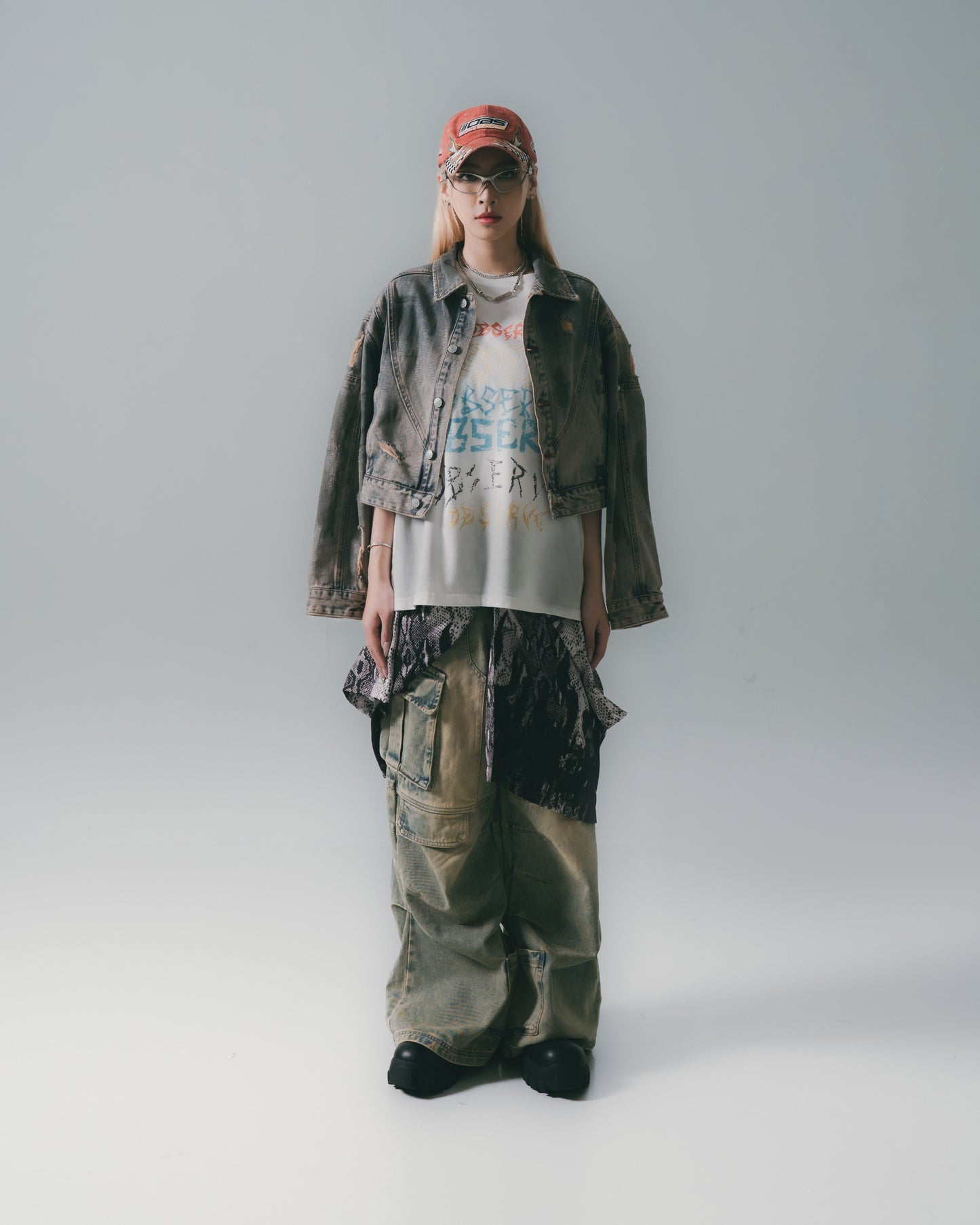 Distressed Denim Flared Cargo Pants Dirty Blue【L24-40DB】