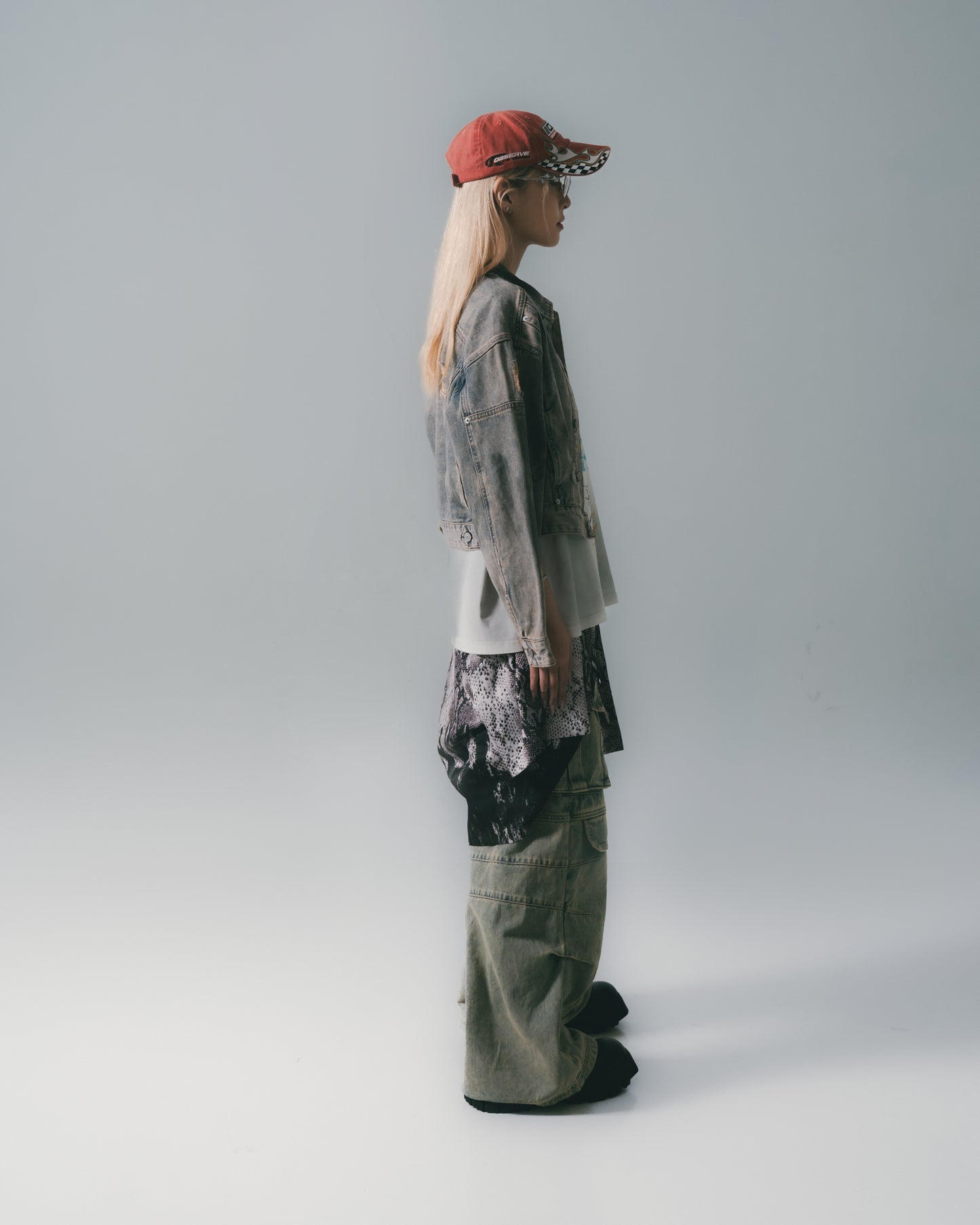 Distressed Denim Flared Cargo Pants Dirty Blue【L24-40DB】