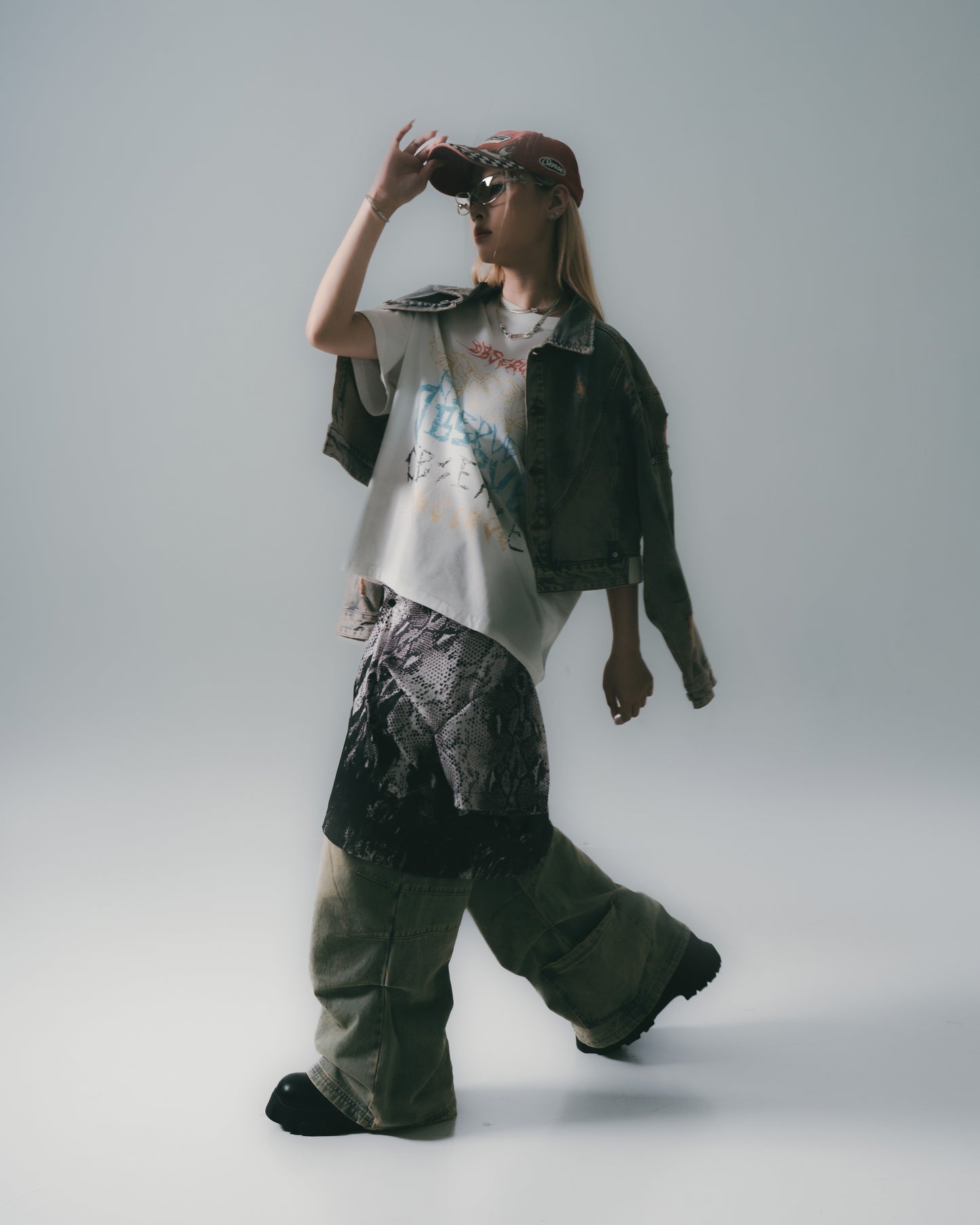 Distressed Denim Flared Cargo Pants Dirty Blue【L24-40DB】