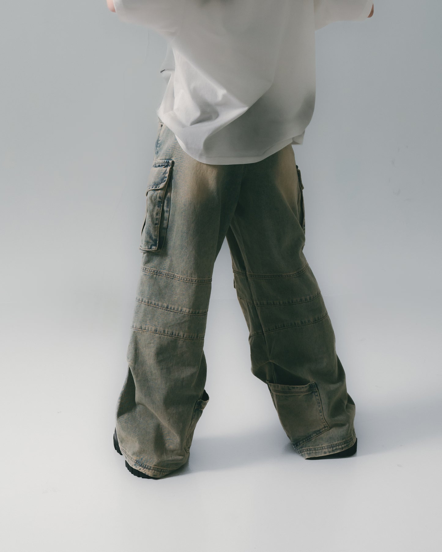 Distressed Denim Flared Cargo Pants Dirty Blue【L24-40DB】