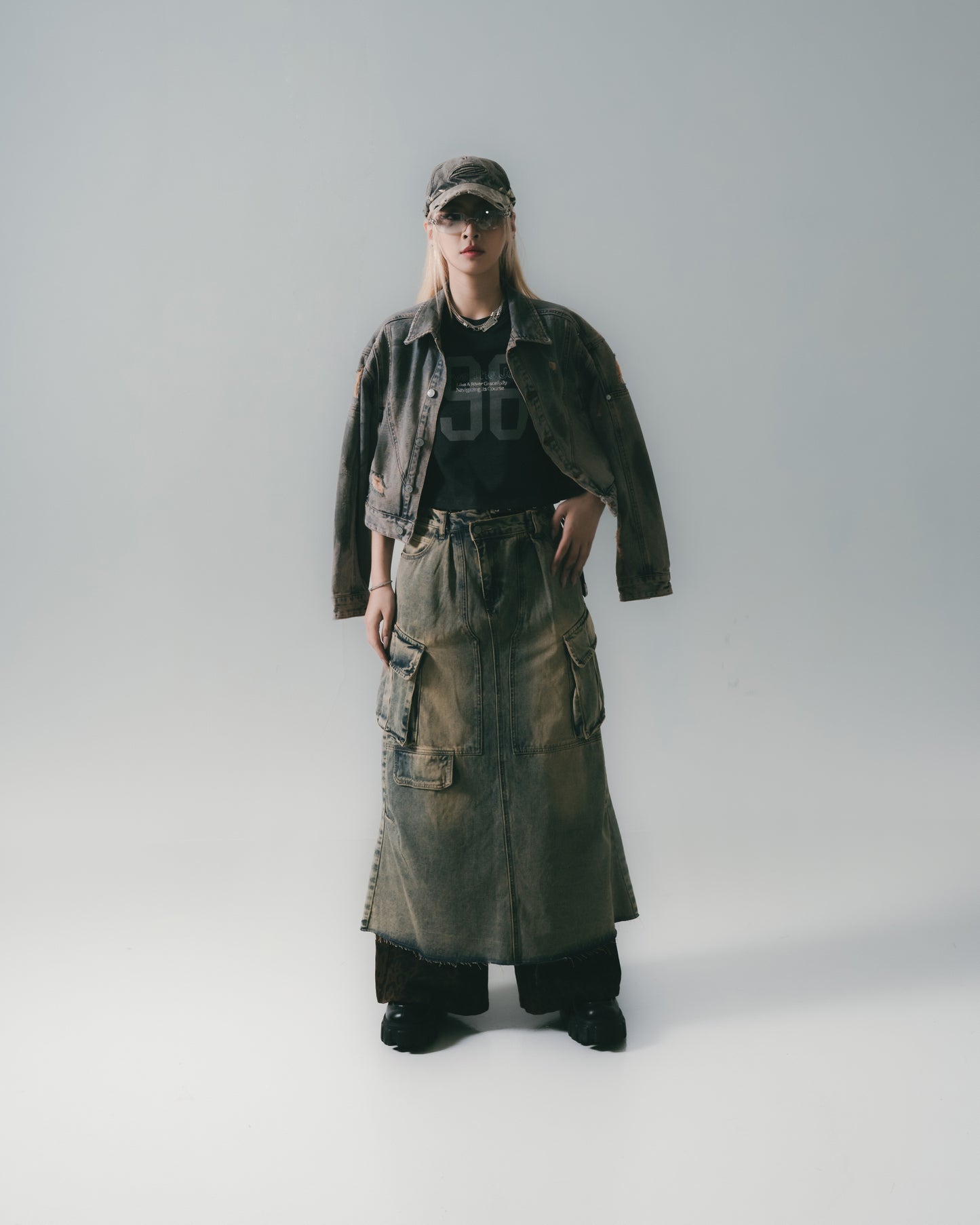 Distressed Denim Full Skirt Dirty Blue【L24-47DB】