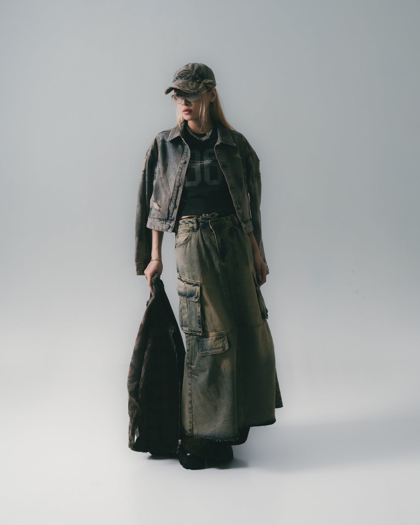 Distressed Denim Full Skirt Dirty Blue【L24-47DB】