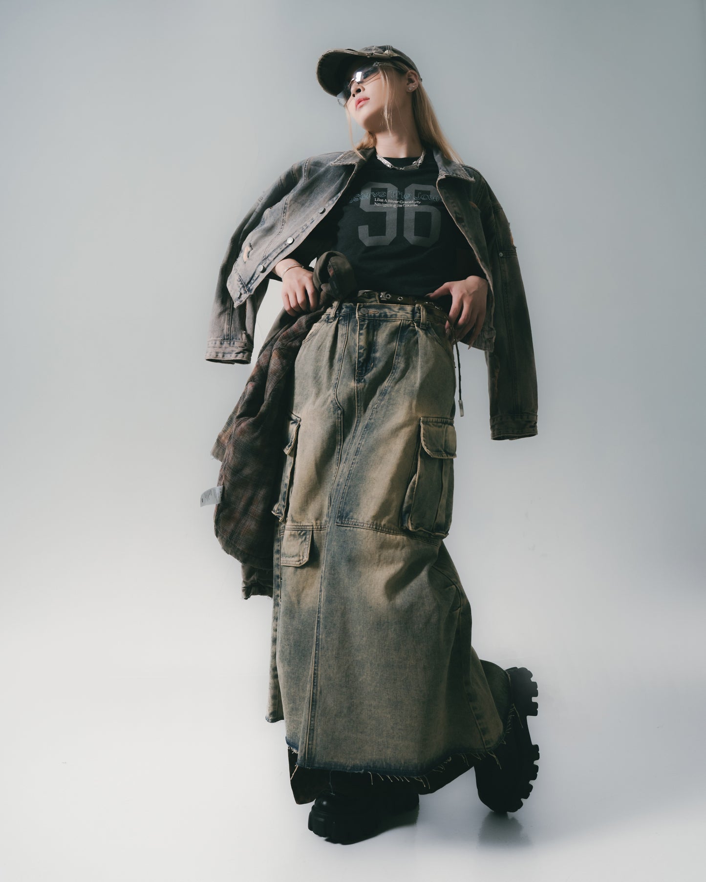 Distressed Denim Full Skirt Dirty Blue【L24-47DB】