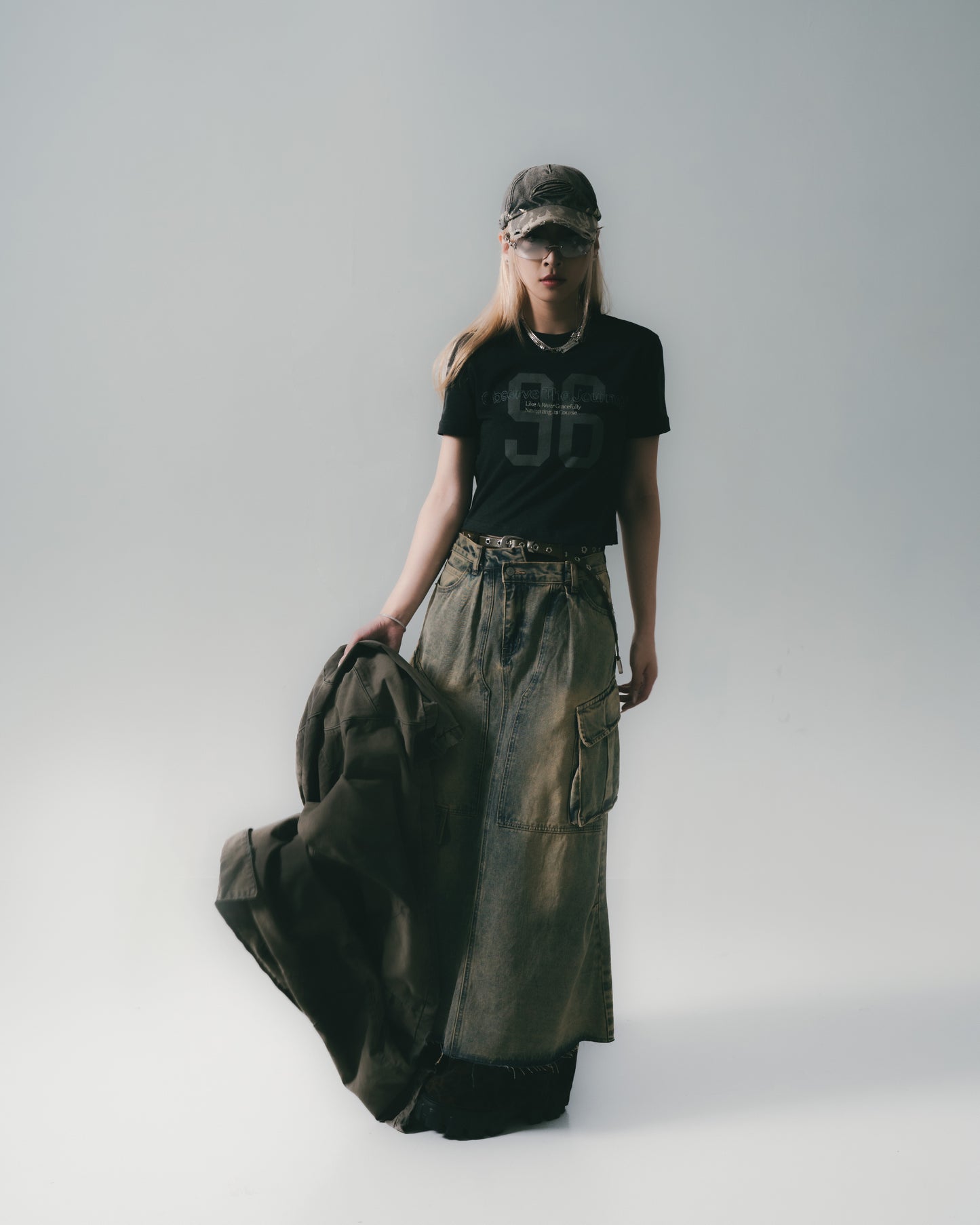 Distressed Denim Full Skirt Dirty Blue【L24-47DB】