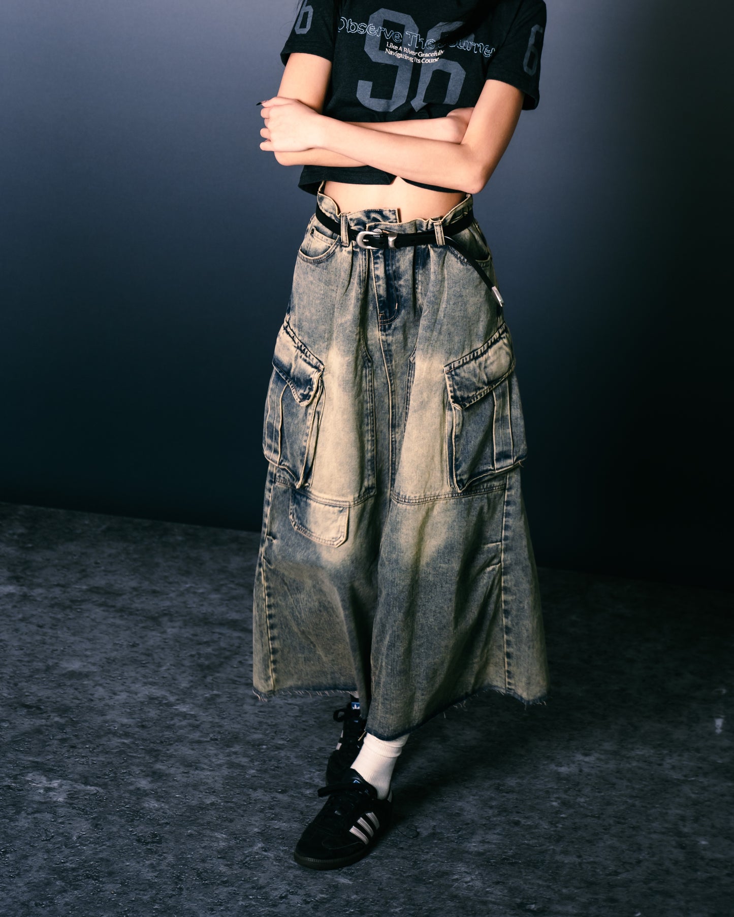 Distressed Denim Full Skirt Dirty Blue【L24-47DB】