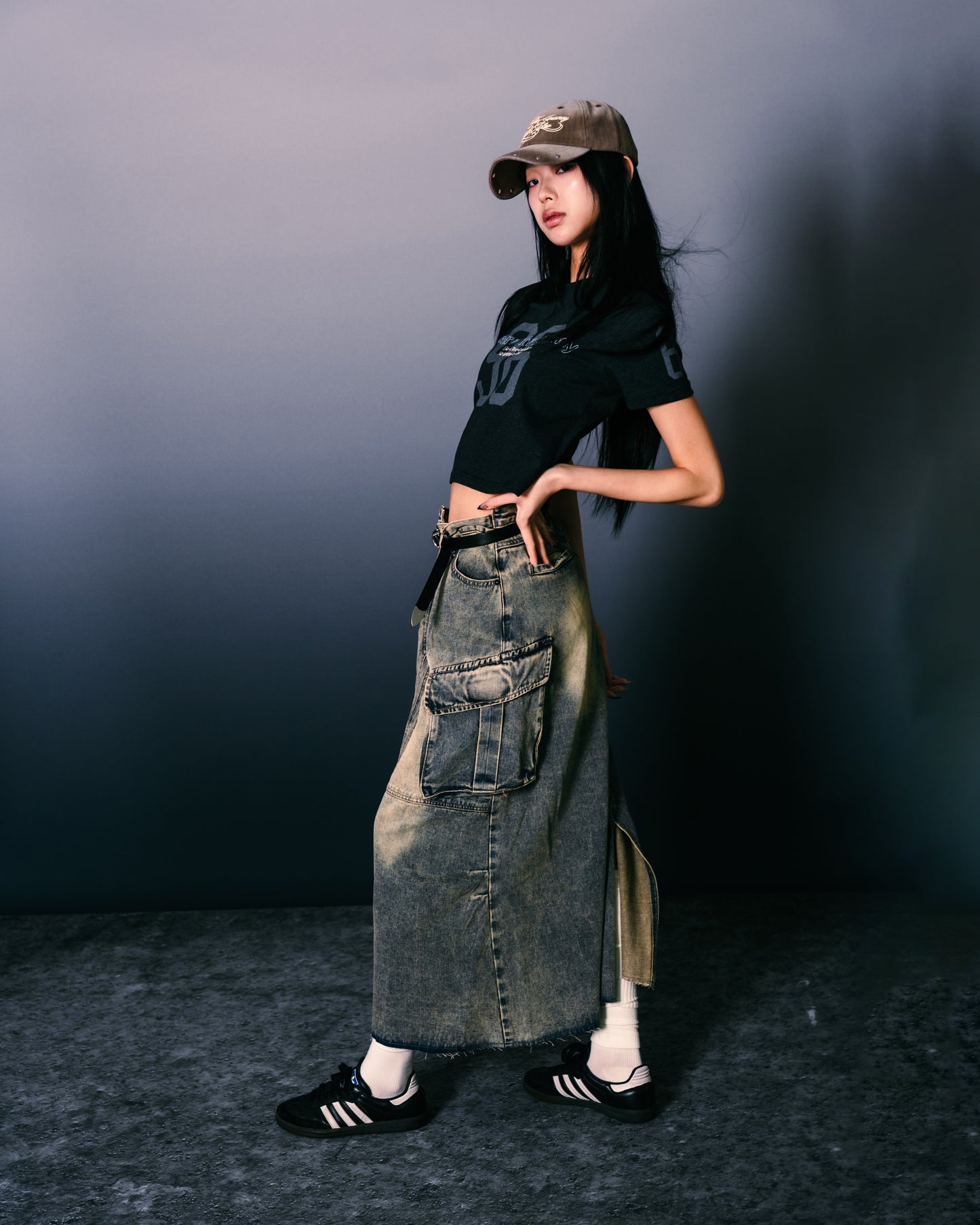 Distressed Denim Full Skirt Dirty Blue【L24-47DB】