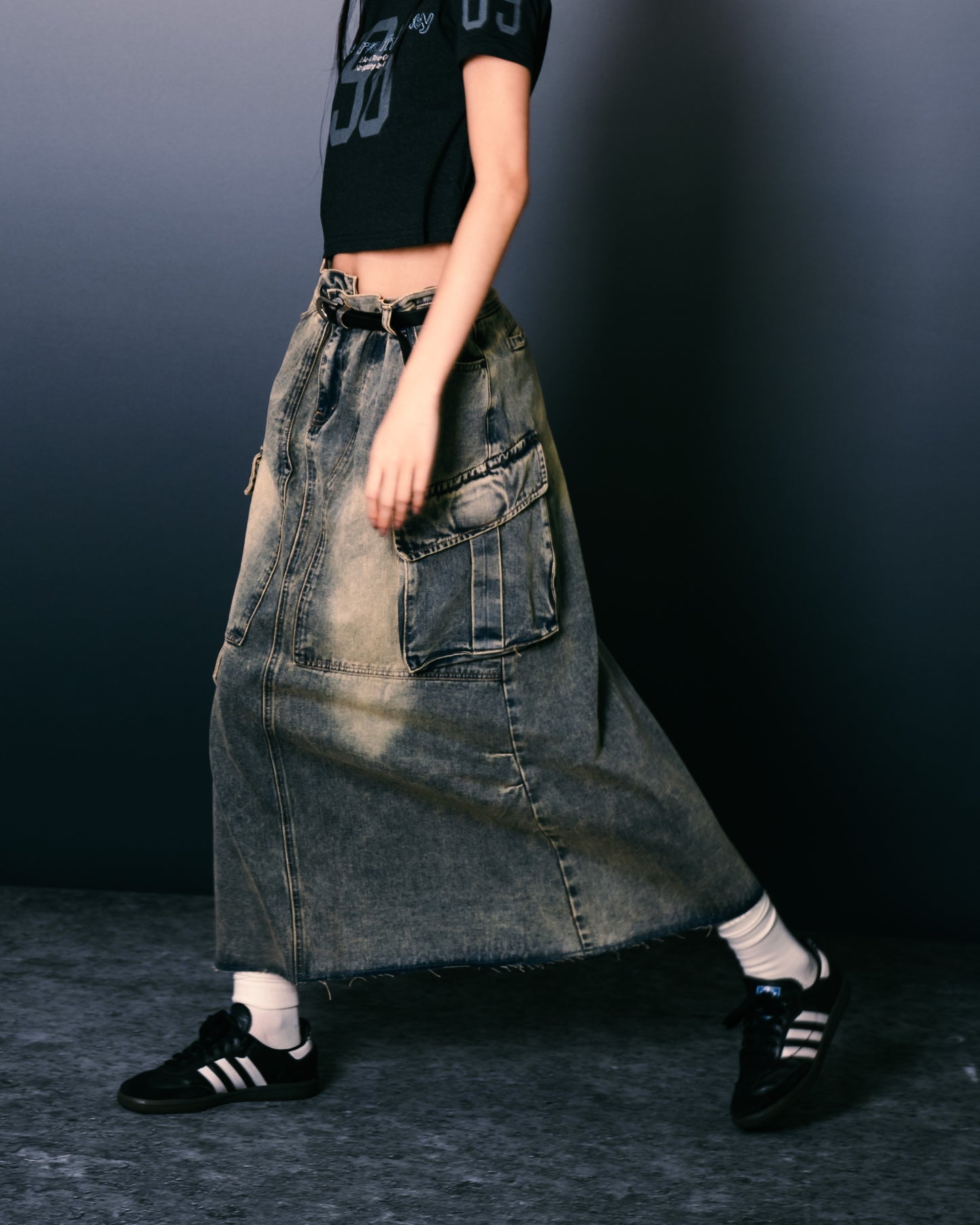 Distressed Denim Full Skirt Dirty Blue【L24-47DB】