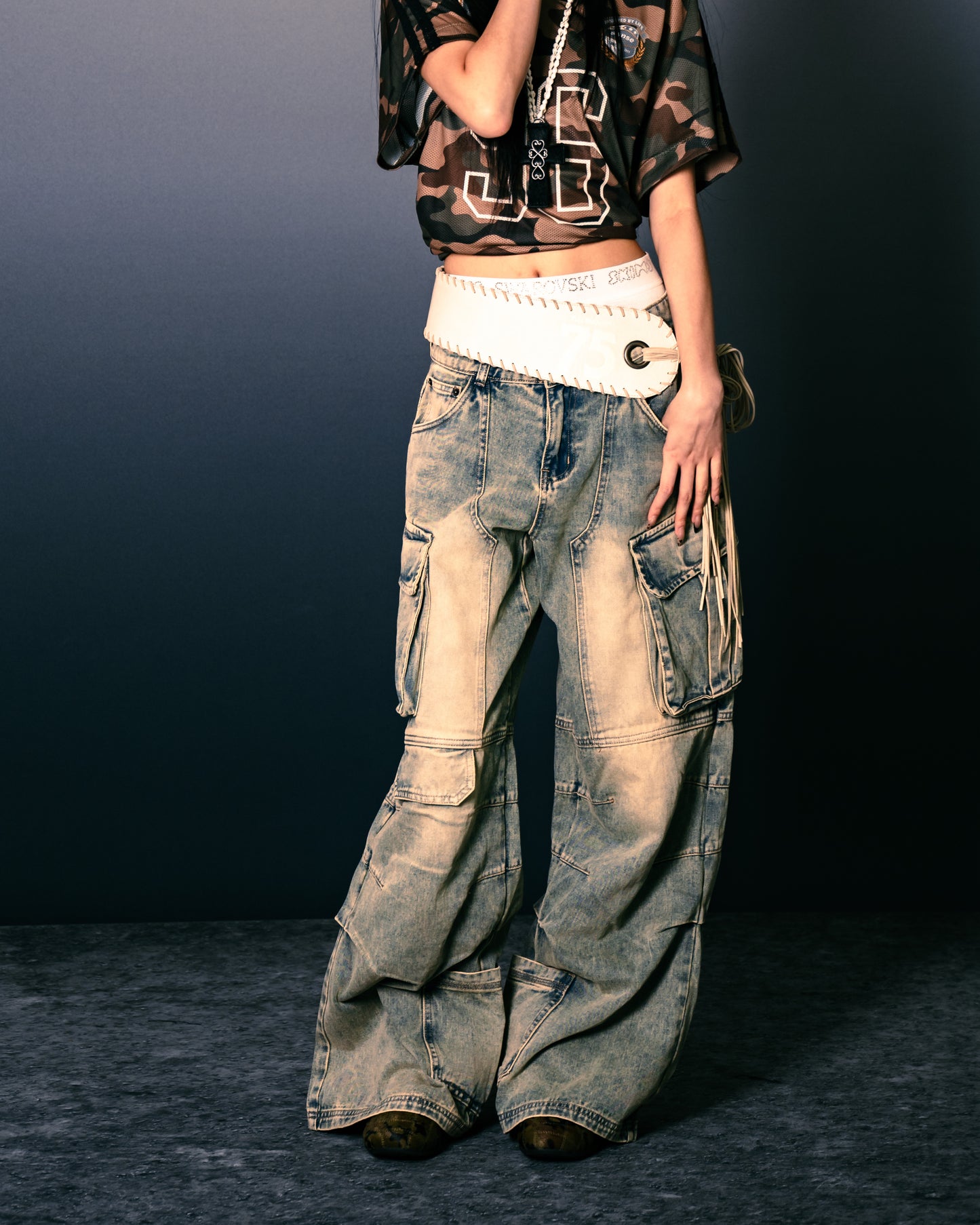 Distressed Denim Flared Cargo Pants Dirty Blue【L24-40DB】