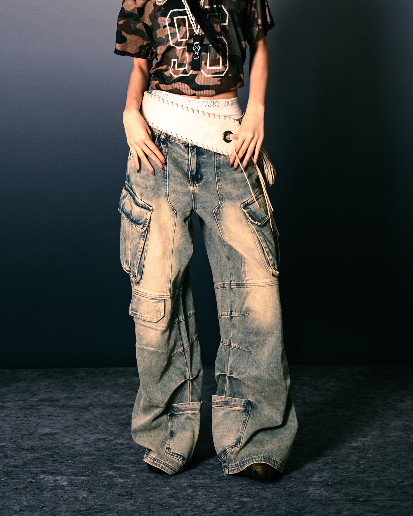 Distressed Denim Flared Cargo Pants Dirty Blue【L24-40DB】