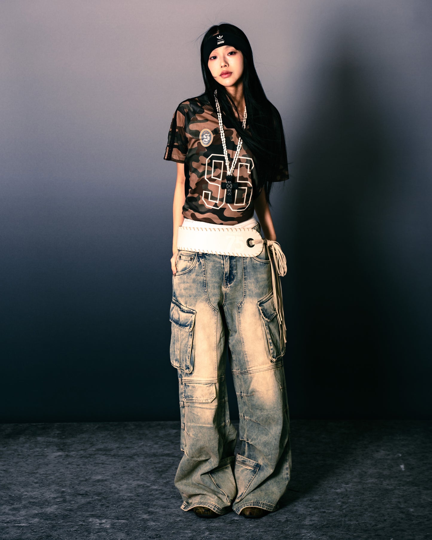 Distressed Denim Flared Cargo Pants Dirty Blue【L24-40DB】