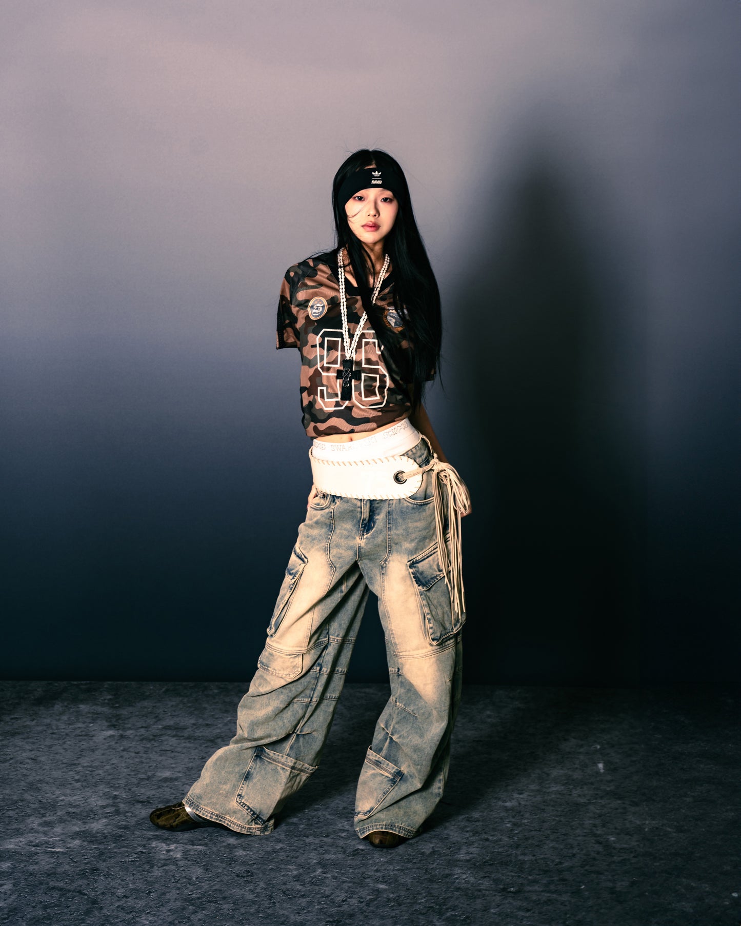 Distressed Denim Flared Cargo Pants Dirty Blue【L24-40DB】