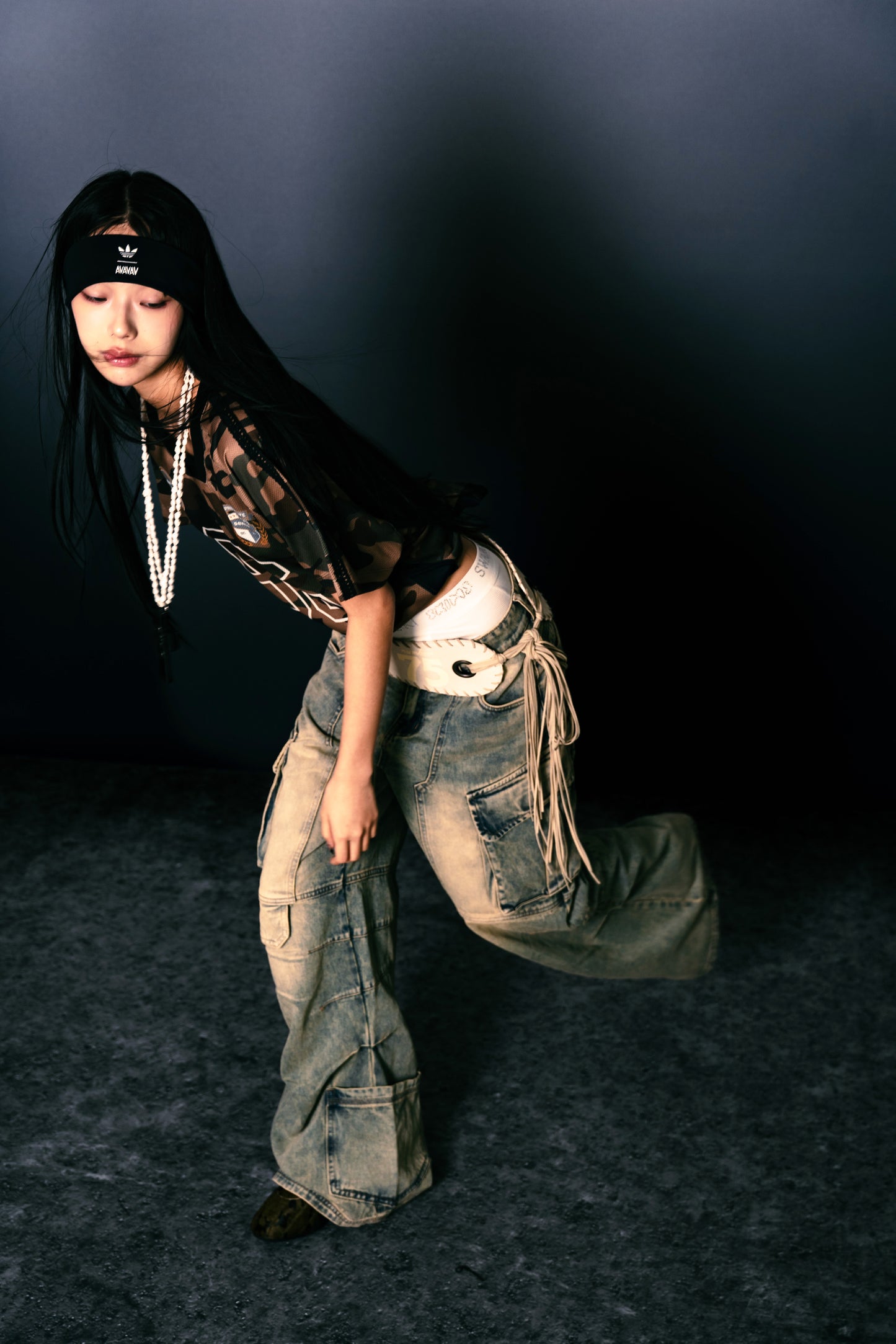 Distressed Denim Flared Cargo Pants Dirty Blue【L24-40DB】