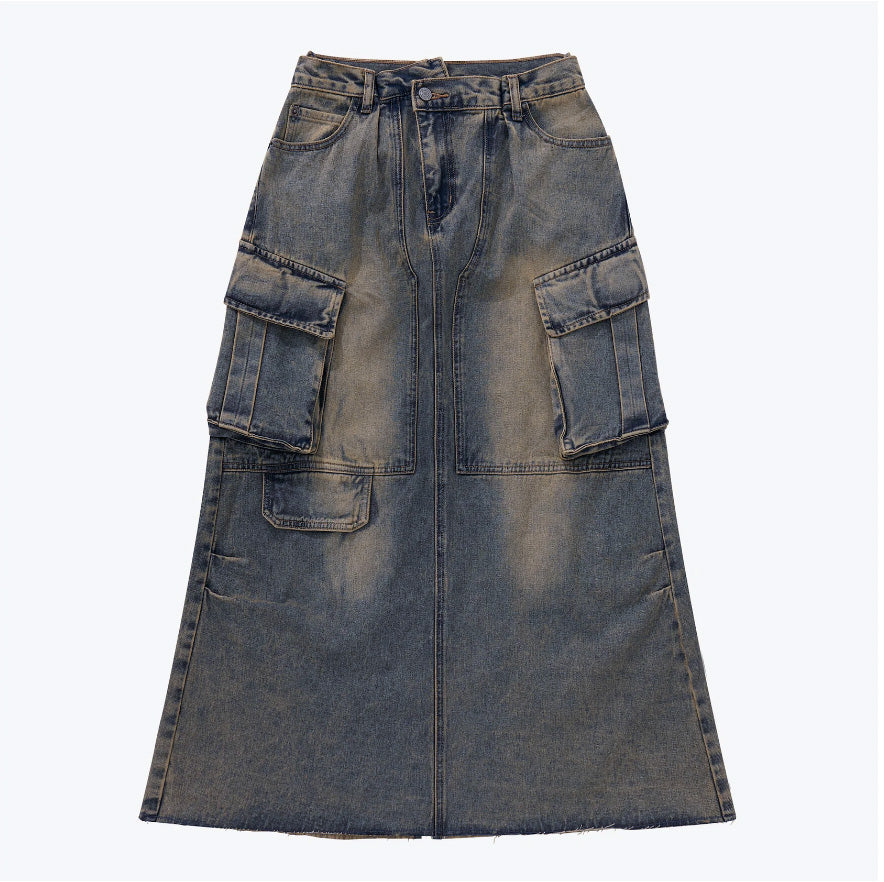 Distressed Denim Full Skirt Dirty Blue【L24-47DB】
