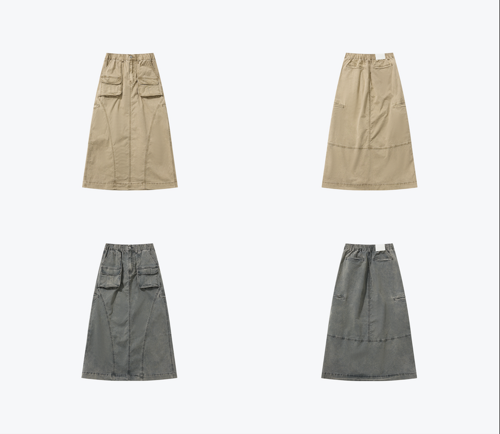 Washed Side Piping Full Skirt Khaki【L24-15KA】
