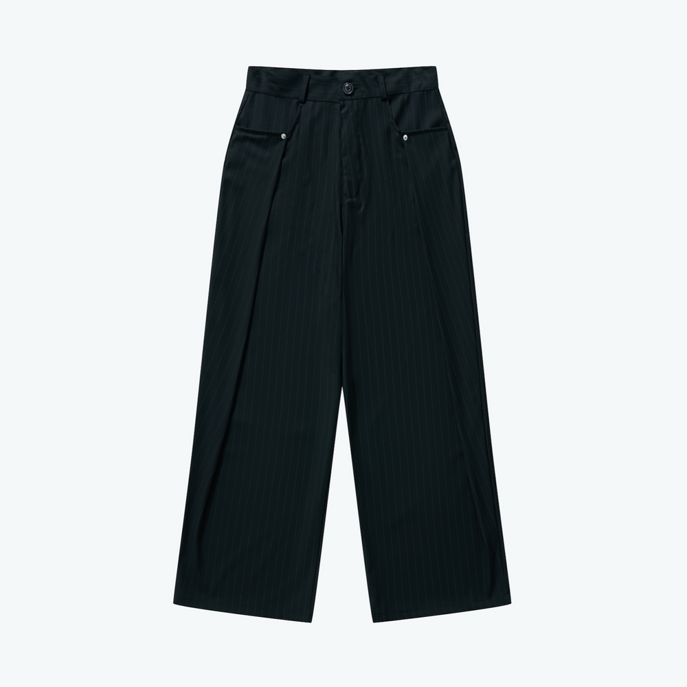 Pleated Dark Stripe Wide Trousers Black 【M25-11BK】