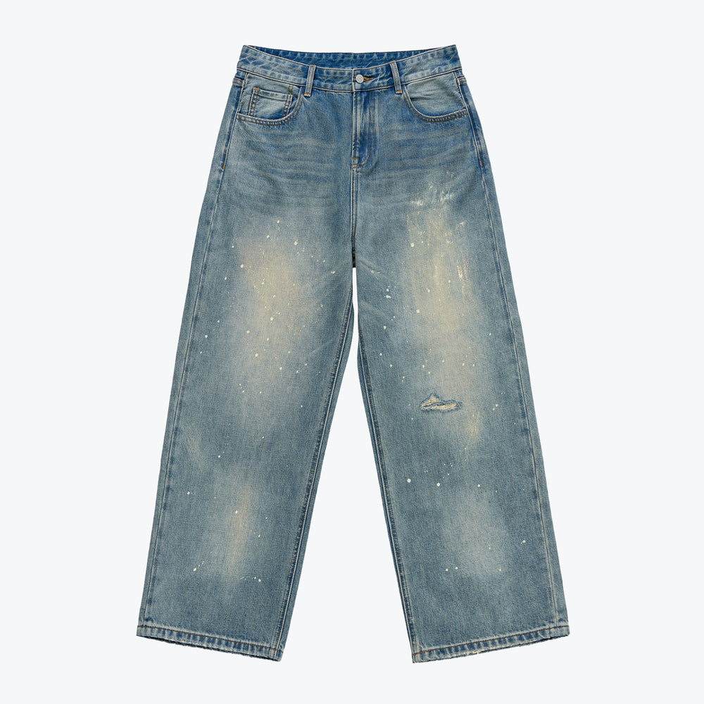 Print Splattered Washed Jeans Blue【SENxTM-02BL】