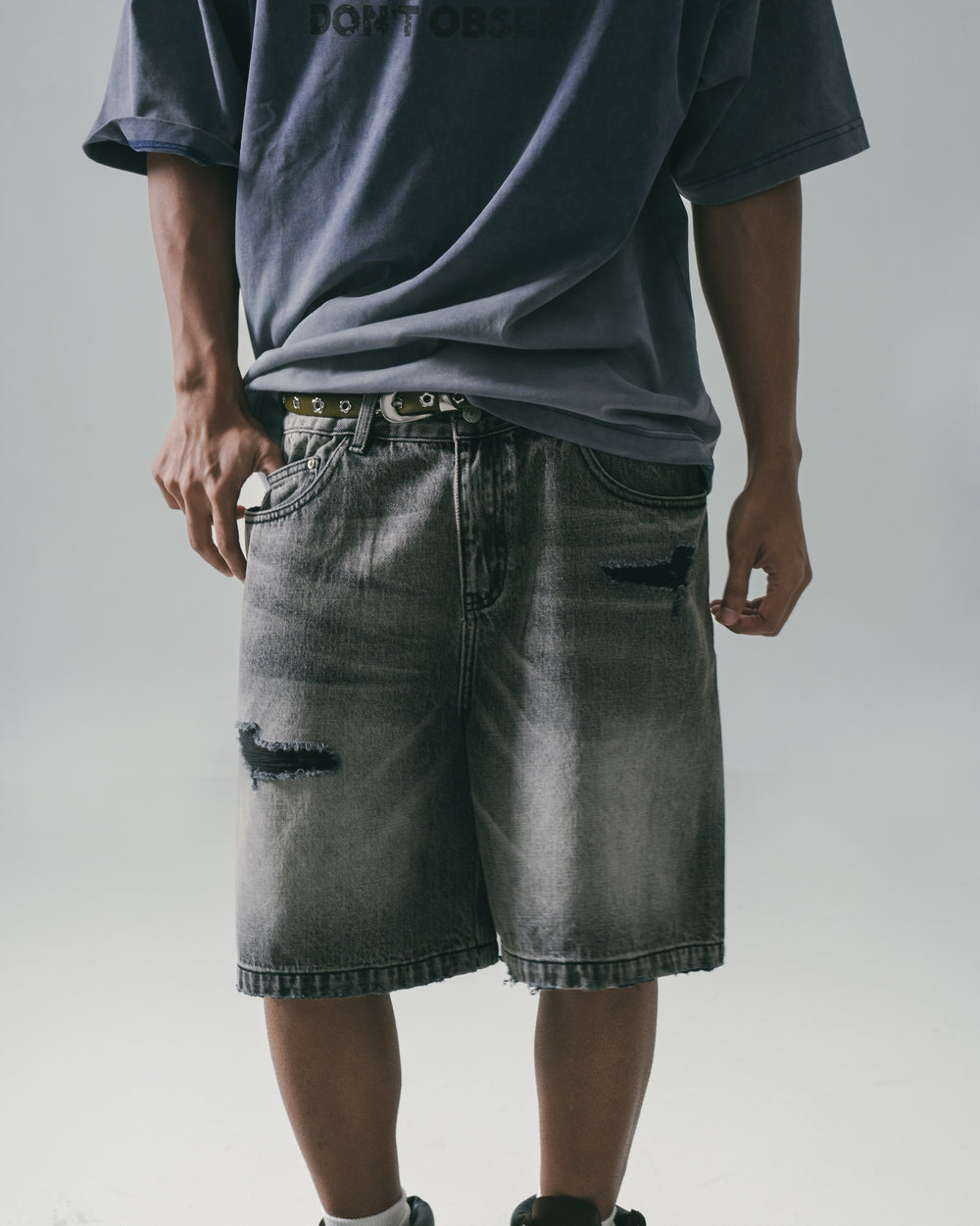 【BOK PLACE】Cutting Dirty Washing Damage Denim Shorts Level 7 Men's Midrise Relaxed Rip & Repair Dirty Bleach