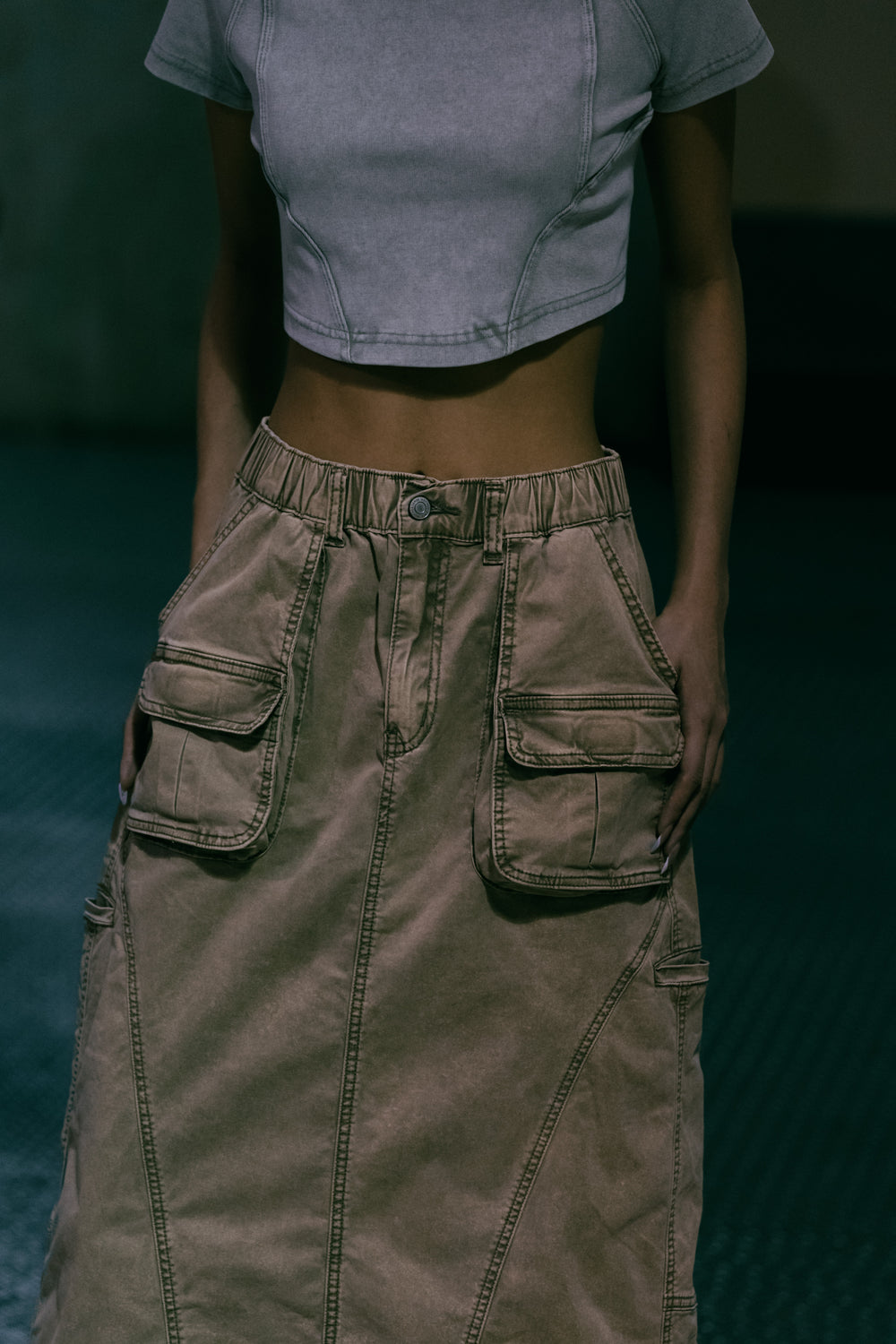 Washed Side Piping Full Skirt Khaki【L24-15KA】