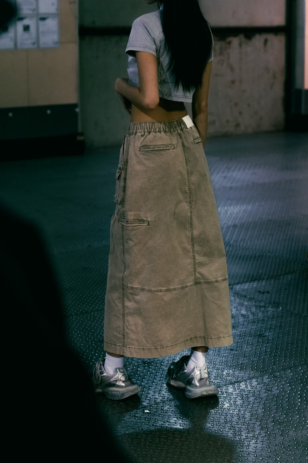 Washed Side Piping Full Skirt Khaki【L24-15KA】