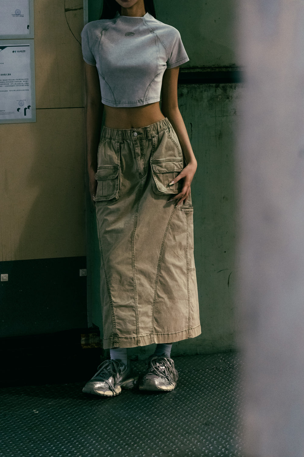 Washed Side Piping Full Skirt Khaki【L24-15KA】