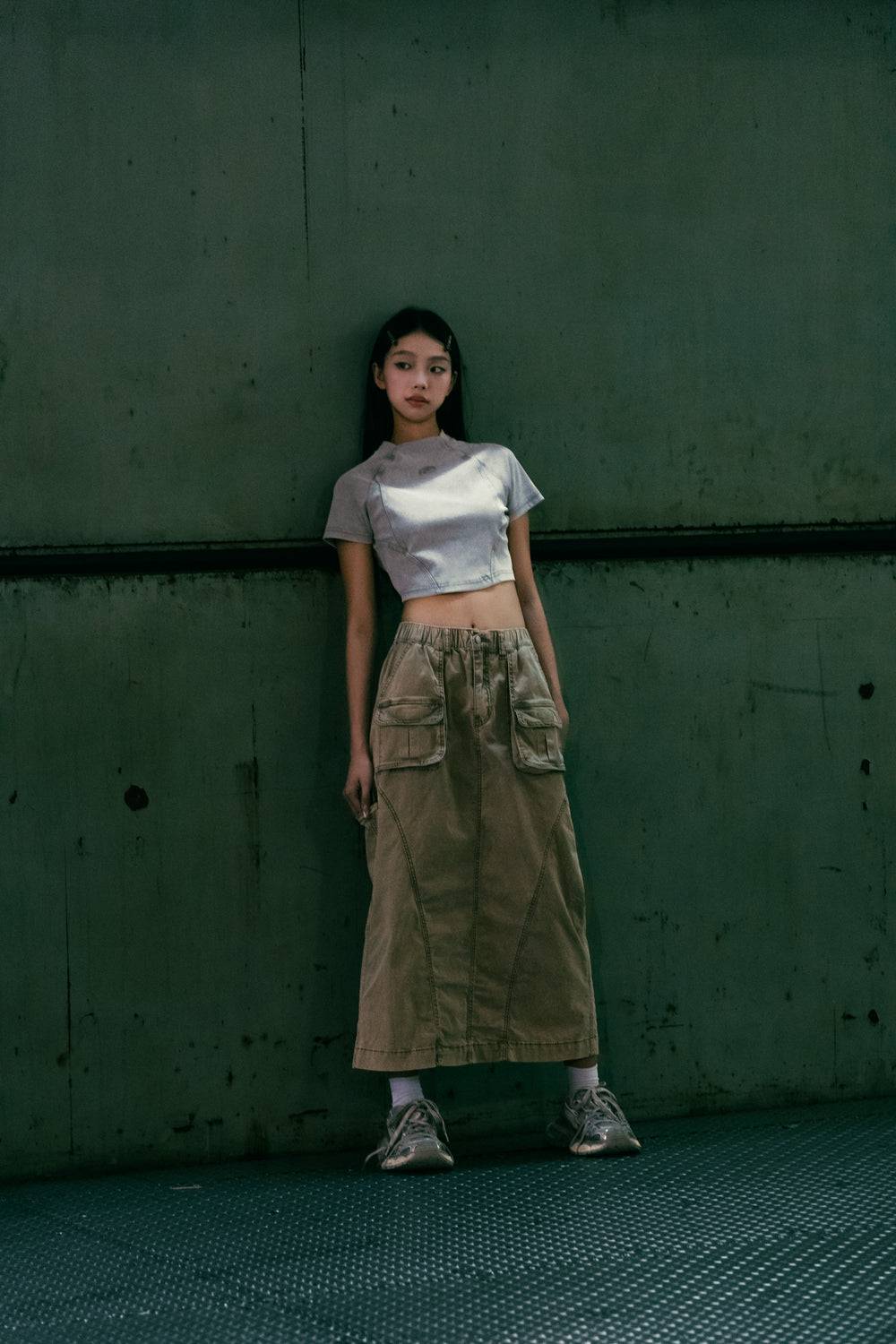 Washed Side Piping Full Skirt Khaki【L24-15KA】
