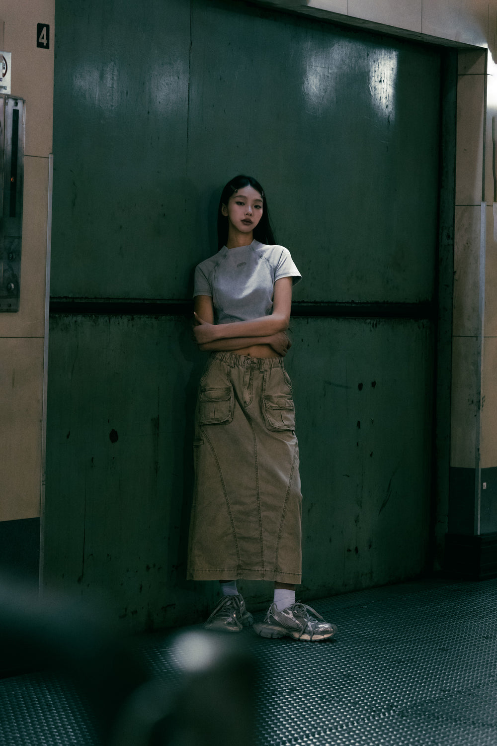 Washed Side Piping Full Skirt Khaki【L24-15KA】