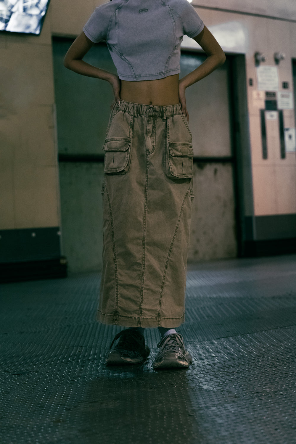 Washed Side Piping Full Skirt Khaki【L24-15KA】
