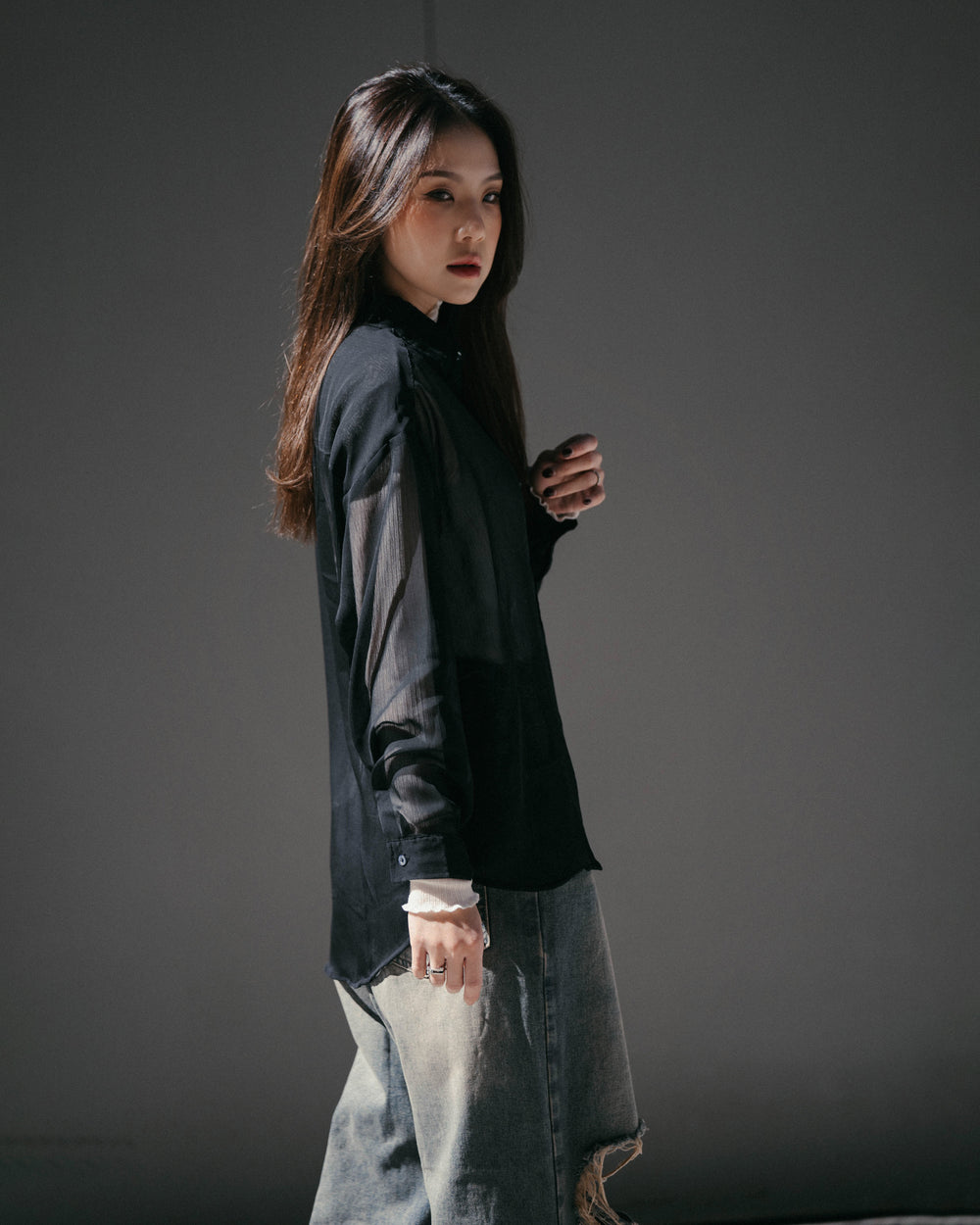 Long Sleeve Textured Shirt Black【L23-49BK】