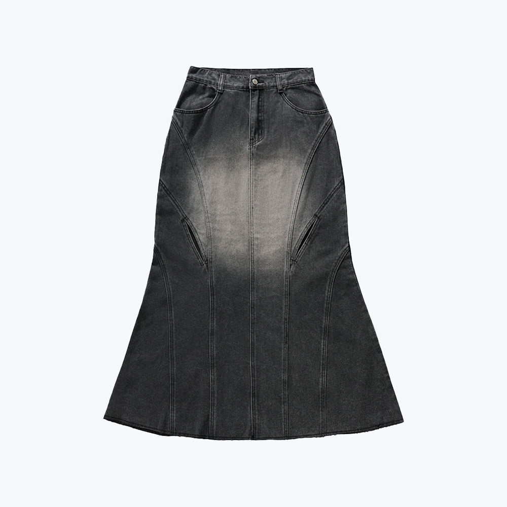 Twist Hole Denim Mermaid Skirt Charcoal【L24-56CH】
