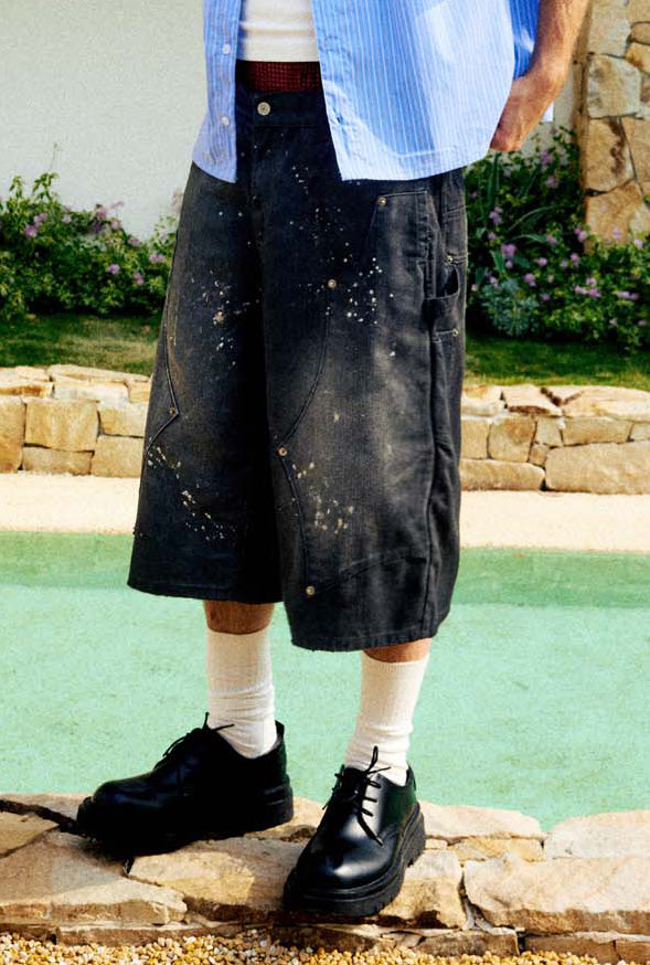 
                  
                    Washed Drip Double Knee Shorts Coal Black【M26-05BK】
                  
                