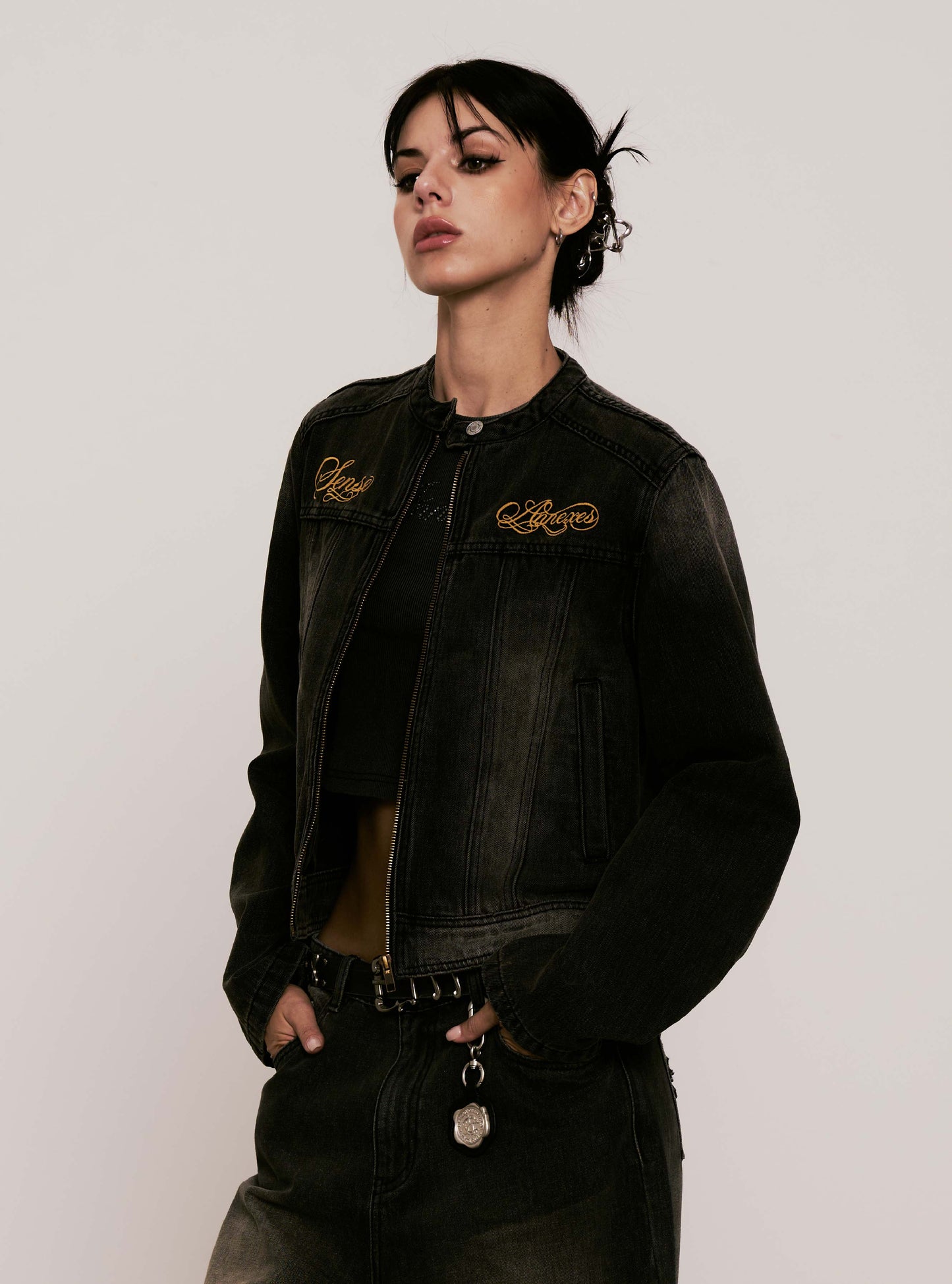 
                  
                    Embroidered Moto Denim Jacket Charcoal【L25-44CH】
                  
                