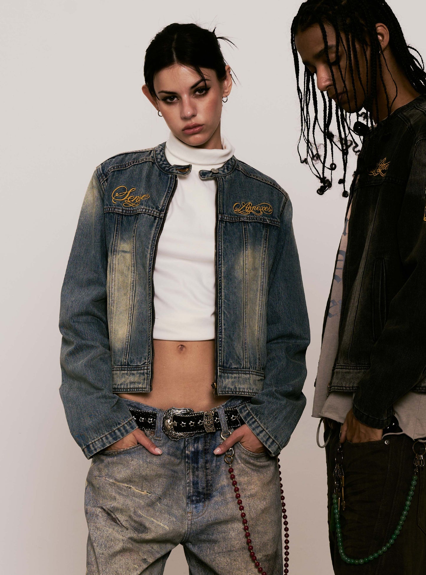 
                  
                    Embroidered Moto Denim Jacket Light Indigo【L25-44LI】
                  
                