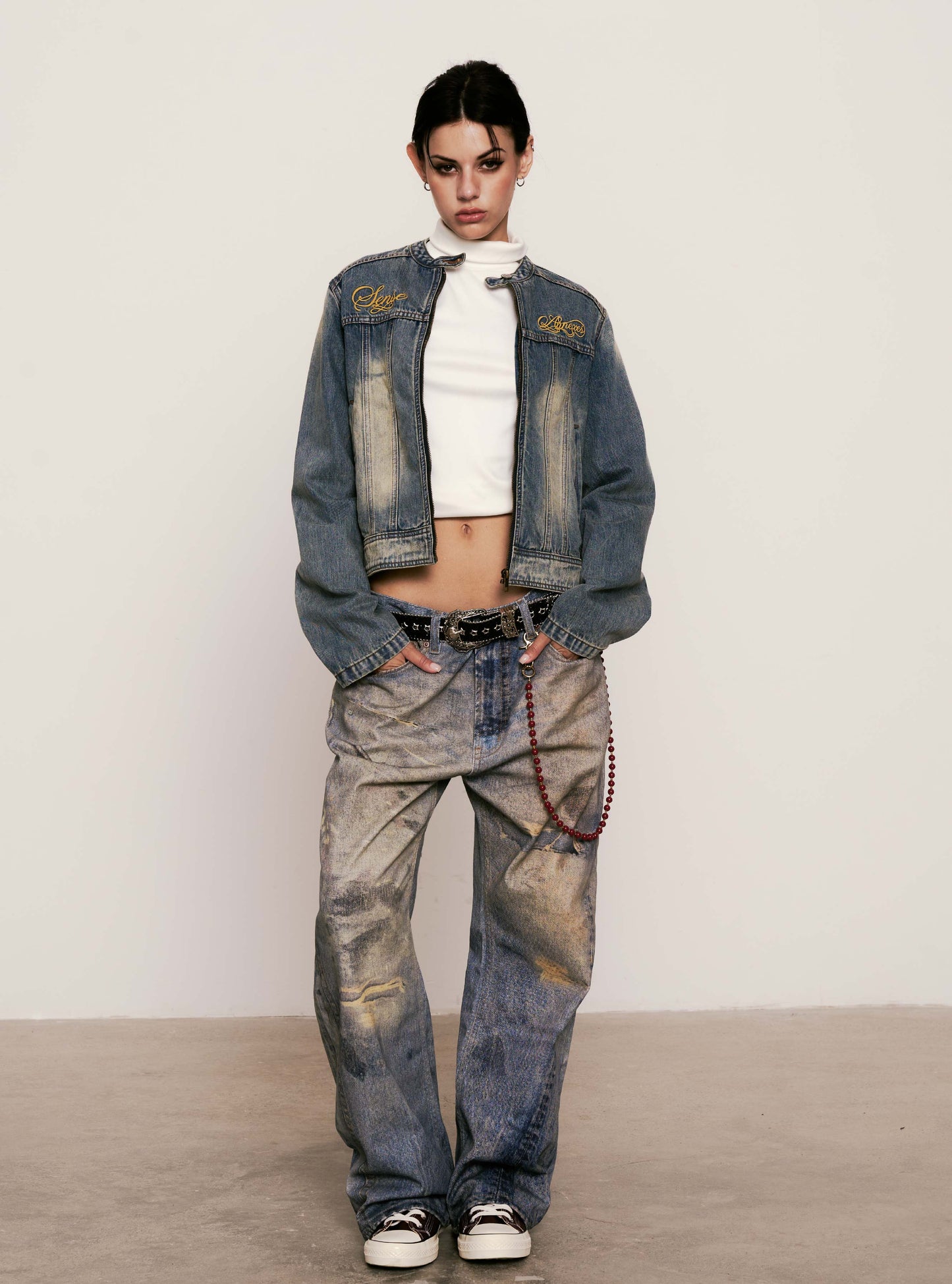 
                  
                    Embroidered Moto Denim Jacket Light Indigo【L25-44LI】
                  
                