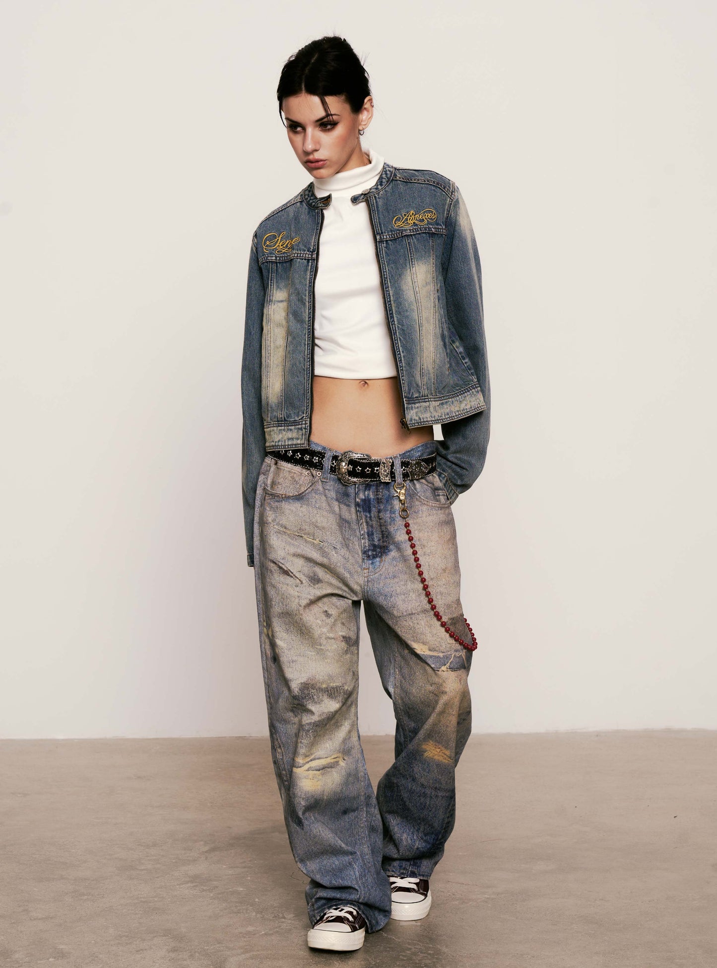 
                  
                    Embroidered Moto Denim Jacket Light Indigo【L25-44LI】
                  
                