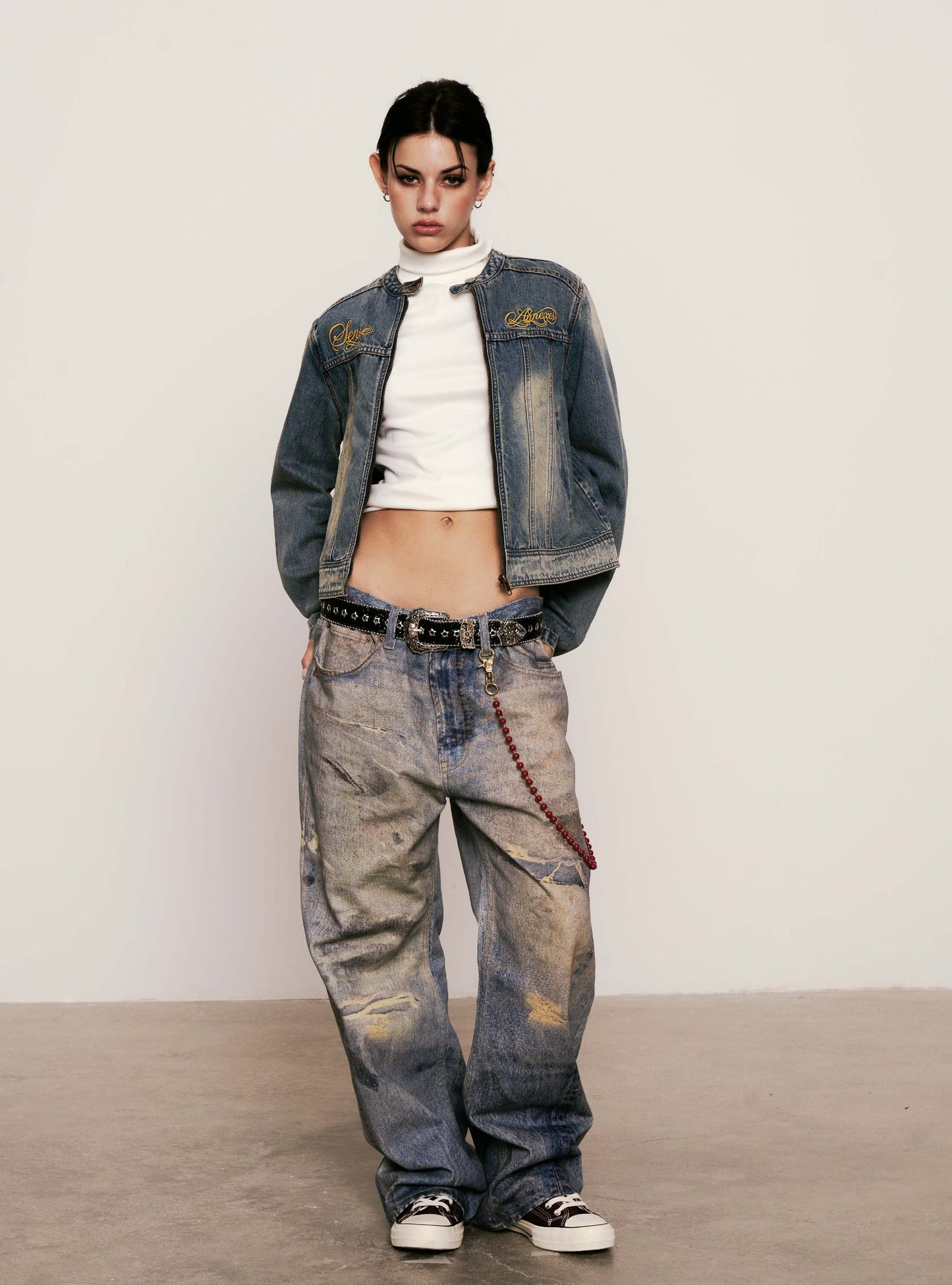 
                  
                    Embroidered Moto Denim Jacket Light Indigo【L25-44LI】
                  
                