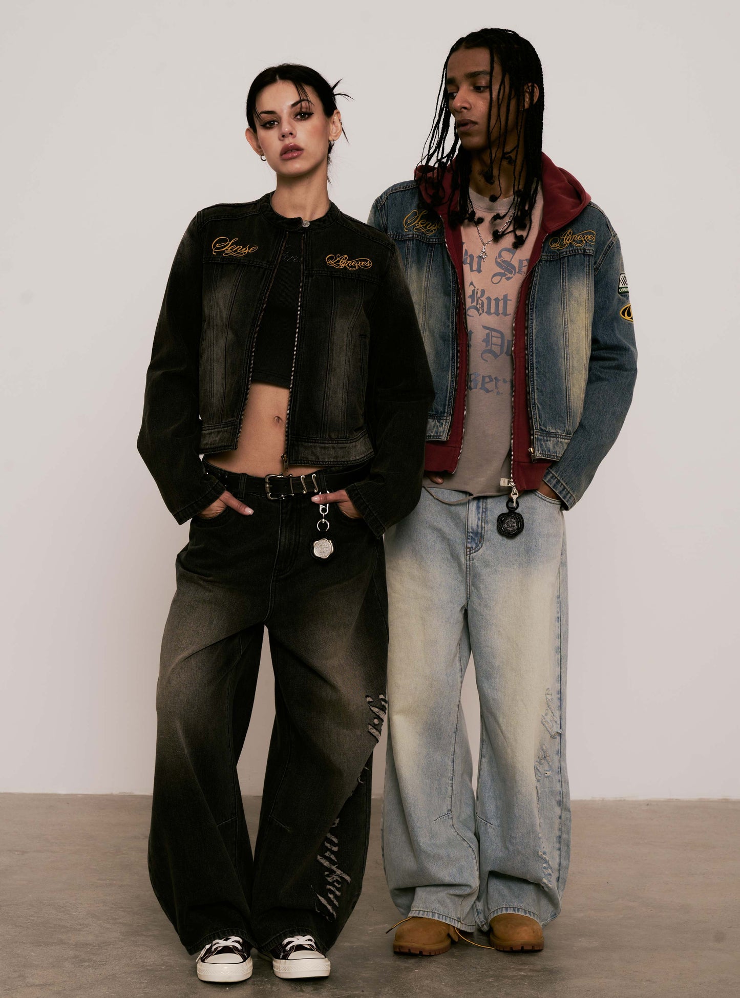 
                  
                    Embroidered Moto Denim Jacket Charcoal【L25-44CH】
                  
                