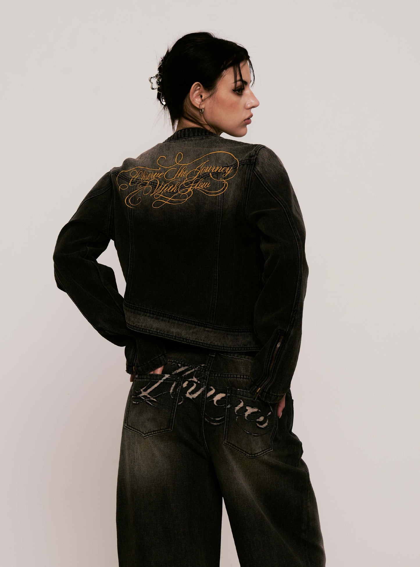 
                  
                    Embroidered Moto Denim Jacket Charcoal【L25-44CH】
                  
                