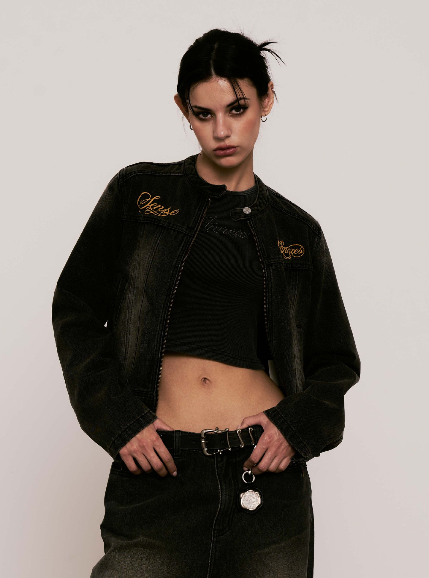 
                  
                    Embroidered Moto Denim Jacket Charcoal【L25-44CH】
                  
                