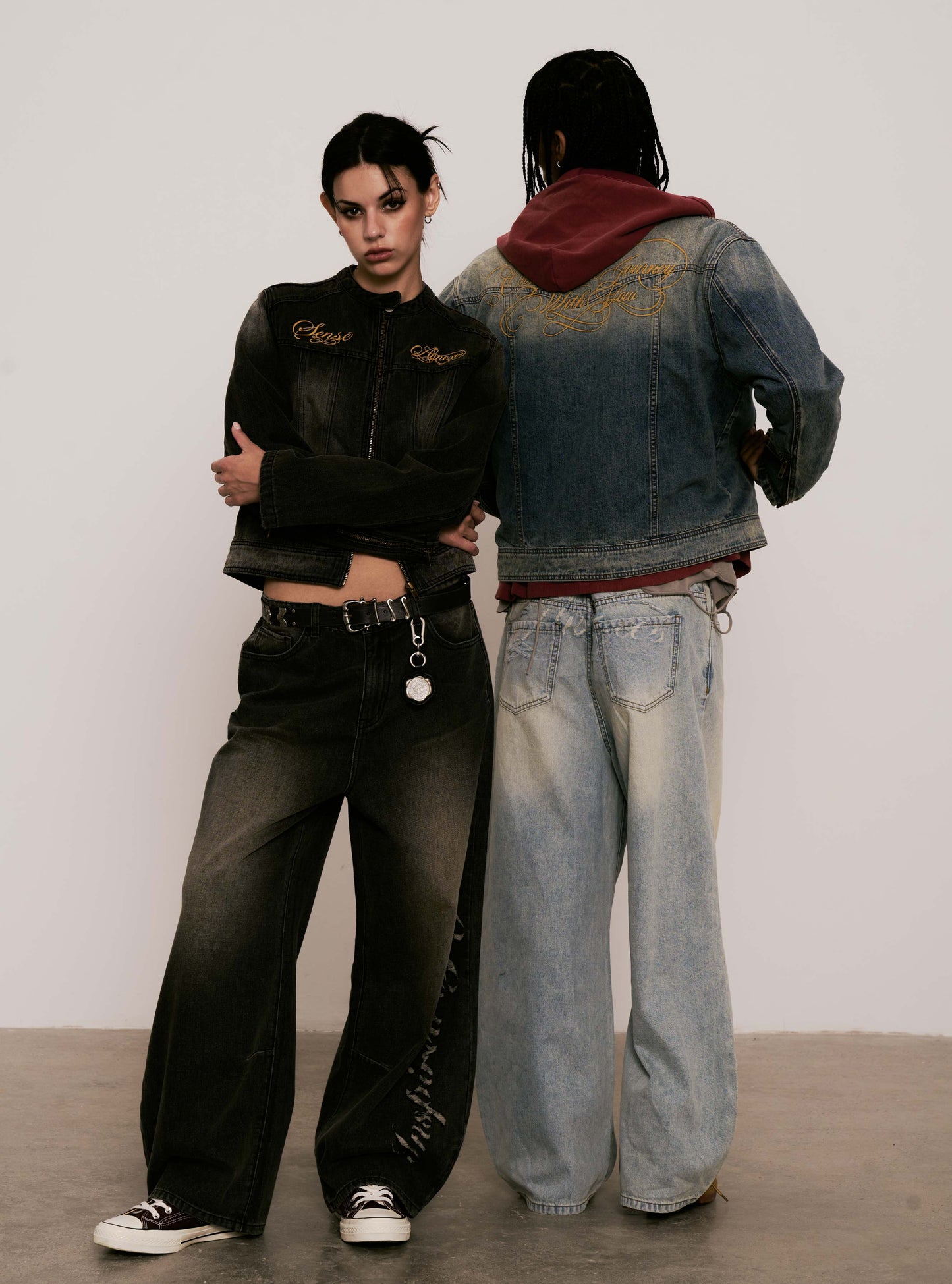 
                  
                    Embroidered Moto Denim Jacket Charcoal【L25-44CH】
                  
                